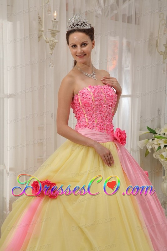 Pink And Yellow Ball Gown Strapless Long Taffeta And Tulle Hand Made Flowers Quinceanera Dress