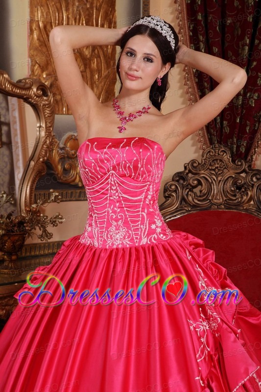 Coral Red Ball Gown Strapless Long Satin And Taffeta Embroidery Quinceanera Dress