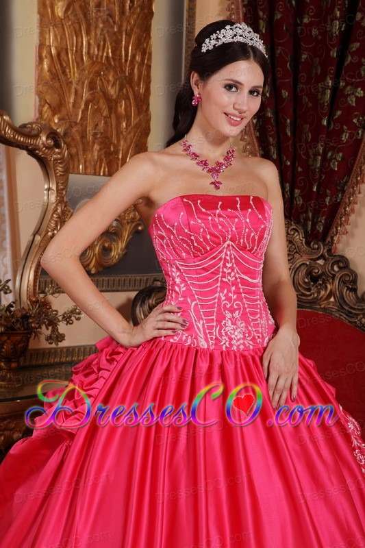 Coral Red Ball Gown Strapless Long Satin And Taffeta Embroidery Quinceanera Dress