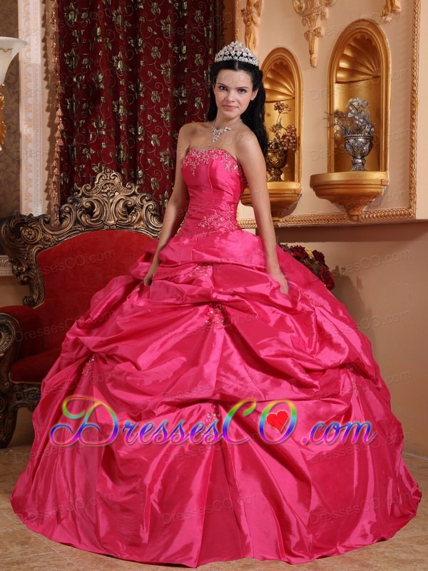 Hot Pink Ball Gown Strapless Long Taffeta Beading Quinceanera Dress