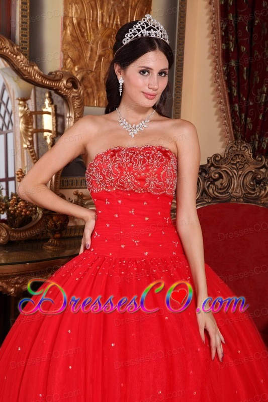 Red Ball Gown Strapless Long Tulle Beading Quinceanera Dress