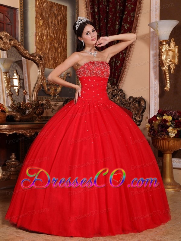 Red Ball Gown Strapless Long Tulle Beading Quinceanera Dress