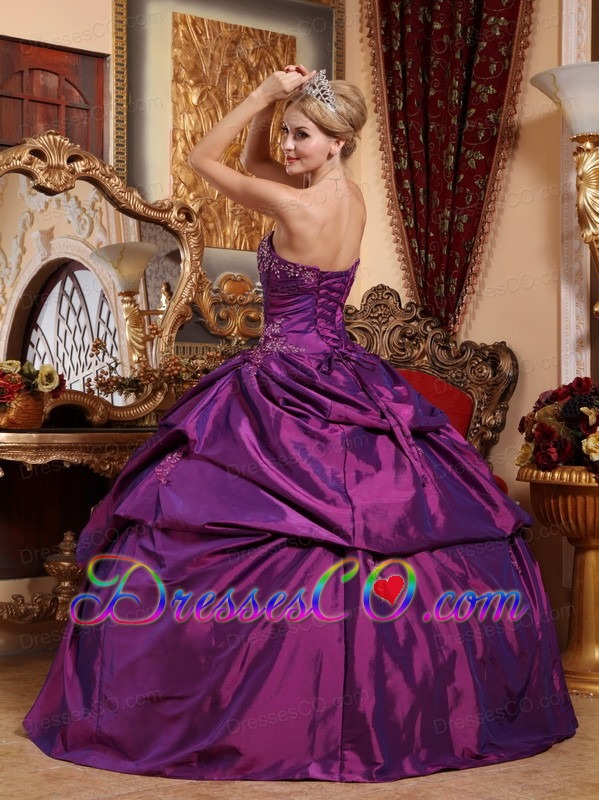Eggplant Purple Ball Gown Strapless Long Taffeta Beading And Appliques Quinceanera Dress