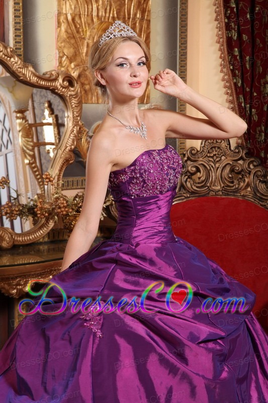 Eggplant Purple Ball Gown Strapless Long Taffeta Beading And Appliques Quinceanera Dress