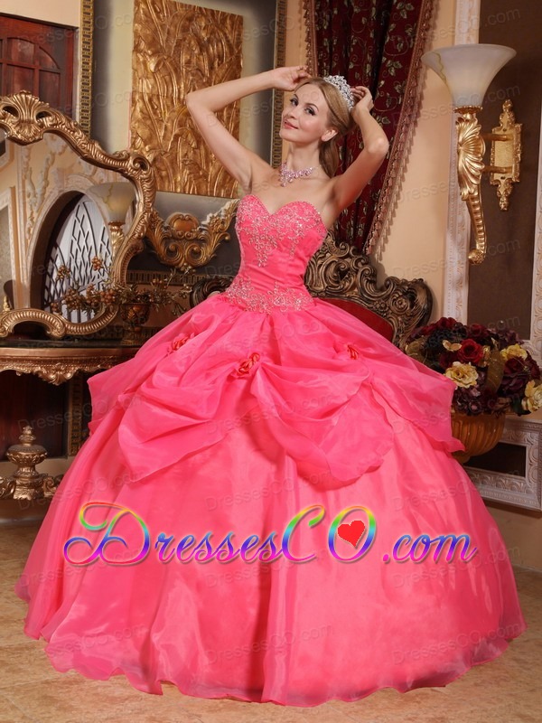 Coral Red Ball Gown Long Taffeta And Organza Appliques Quinceanera Dress