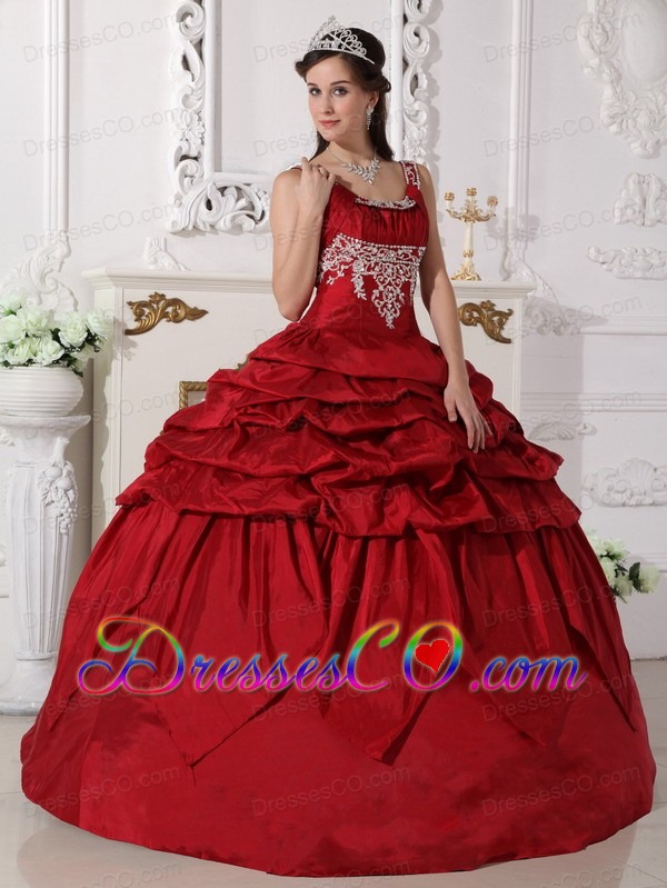 Wine Red Ball Gown Scoop Long Taffeta Beading Quinceanera Dress