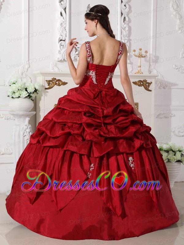 Wine Red Ball Gown Scoop Long Taffeta Beading Quinceanera Dress