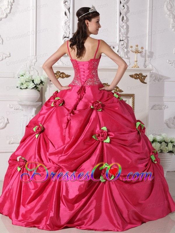Hot Pink Ball Gown Spaghetti Straps Long Taffeta Beading Quinceanera Dress