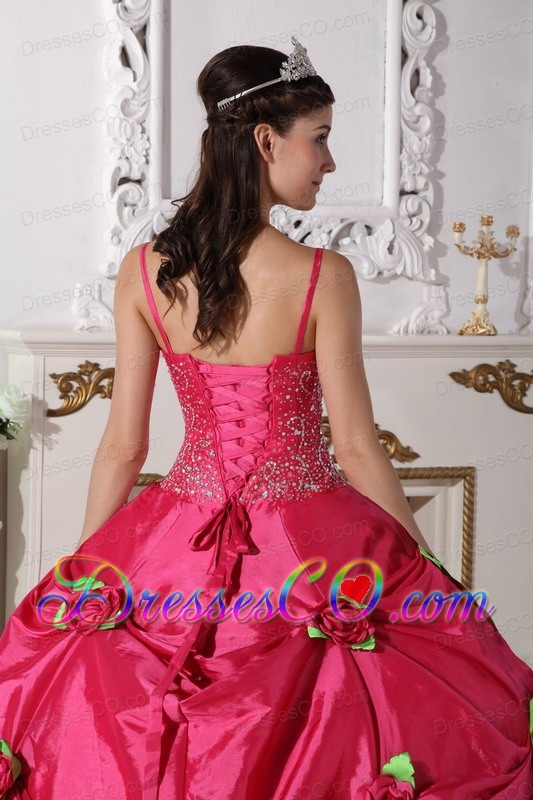 Hot Pink Ball Gown Spaghetti Straps Long Taffeta Beading Quinceanera Dress