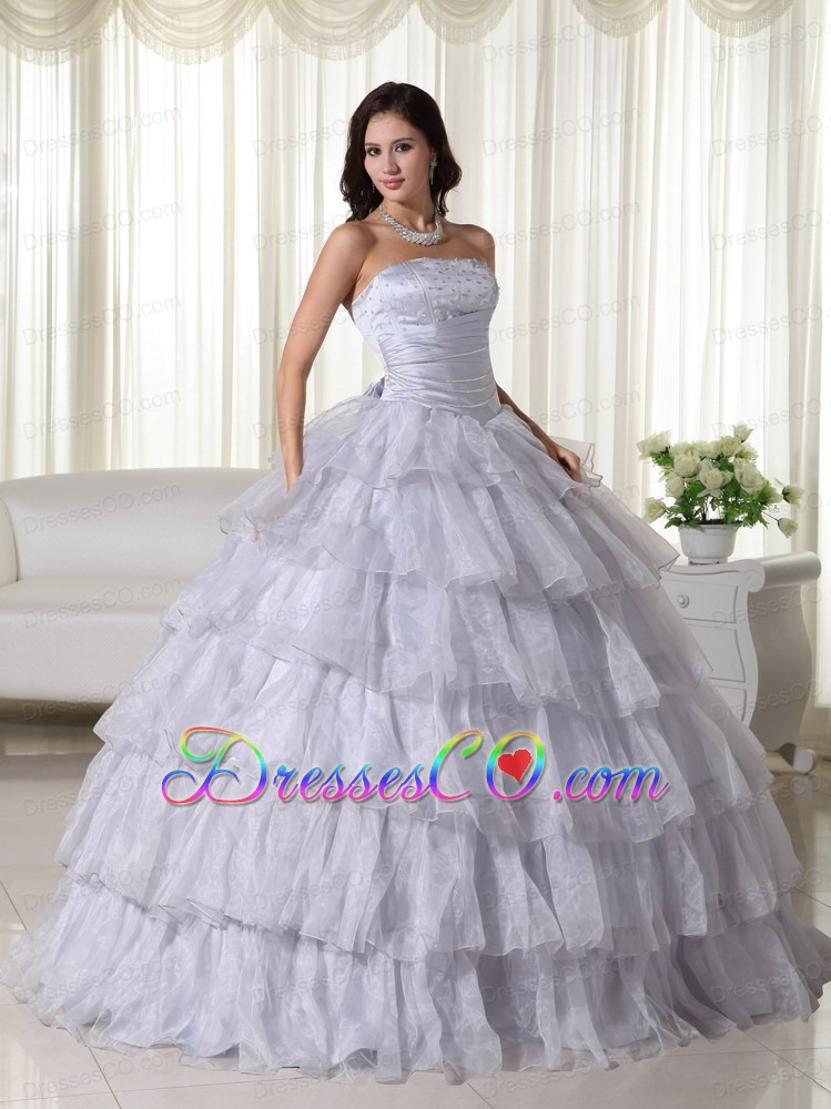 Gray Ball Gown Strapless Long Organza Beading Quinceanera Dress