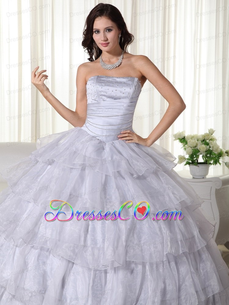 Gray Ball Gown Strapless Long Organza Beading Quinceanera Dress