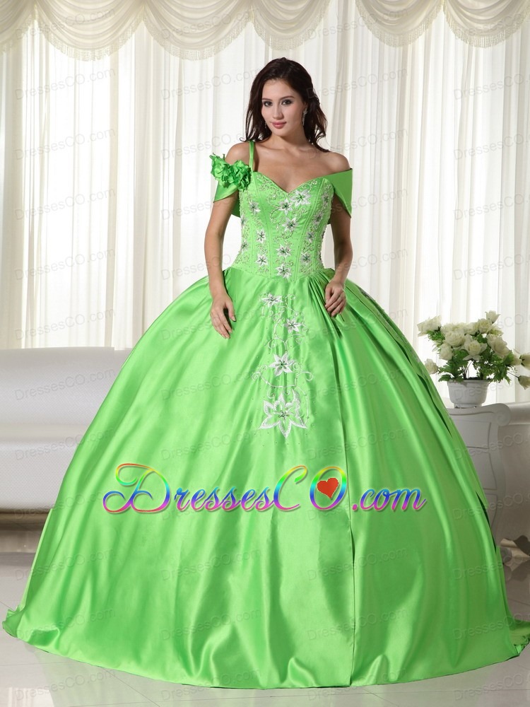 Spring Green Ball Gown Off The Shoulder Long Taffeta Embroidery Quinceanera Dress