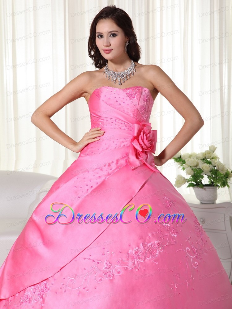 Pink Ball Gown Strapless Long Taffeta Beading Quinceanera Dress