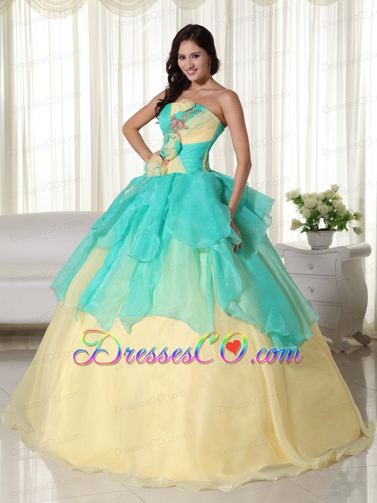 Apple Green And Yellow Ball Gown Strapless Long Organza Beading Quinceanera Dress
