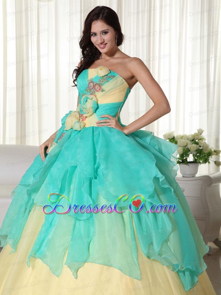 Apple Green And Yellow Ball Gown Strapless Long Organza Beading Quinceanera Dress