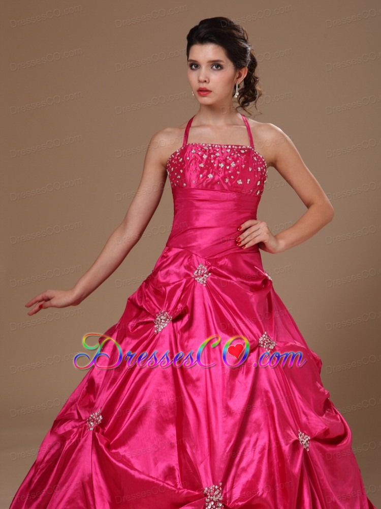 Pick-ups Halter A-line Hot Pink Taffeta Quinceanera DressFor Custom Made