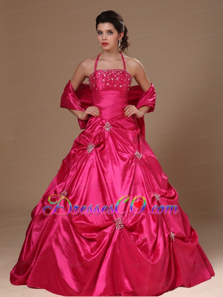 Pick-ups Halter A-line Hot Pink Taffeta Quinceanera DressFor Custom Made
