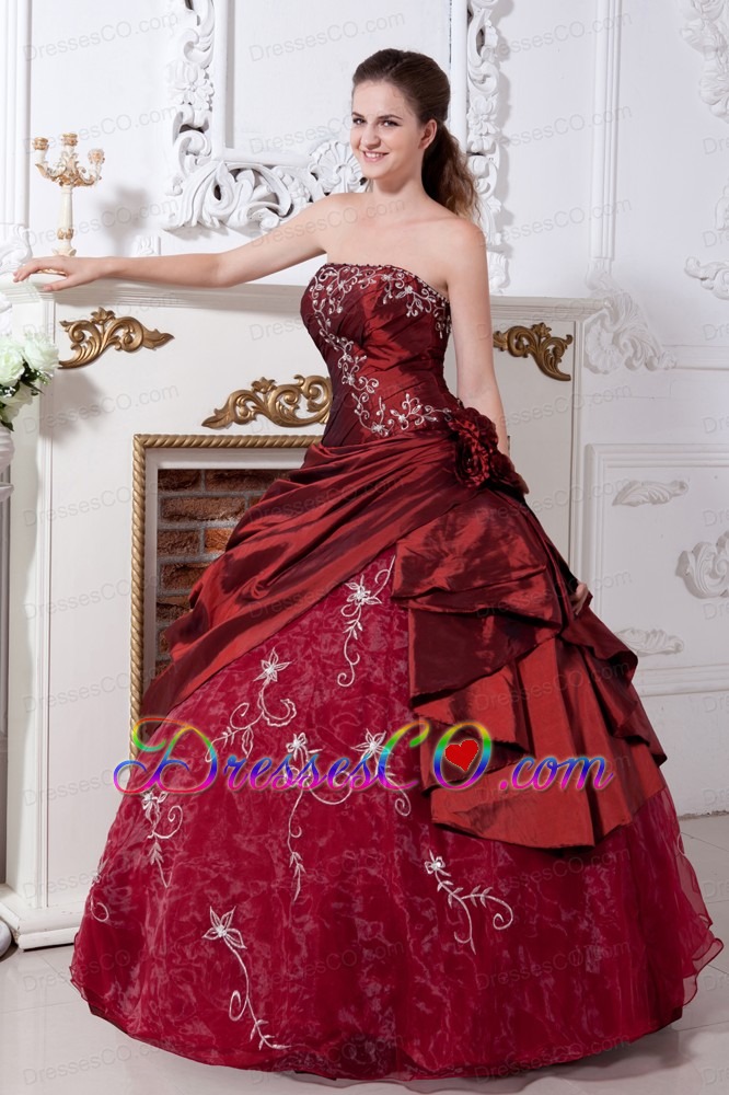Wine Red Ball Gown Strapless Long Taffeta And Organza Embroidery Quinceanera Dress