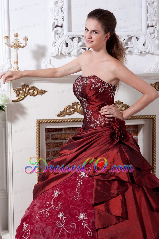 Wine Red Ball Gown Strapless Long Taffeta And Organza Embroidery Quinceanera Dress