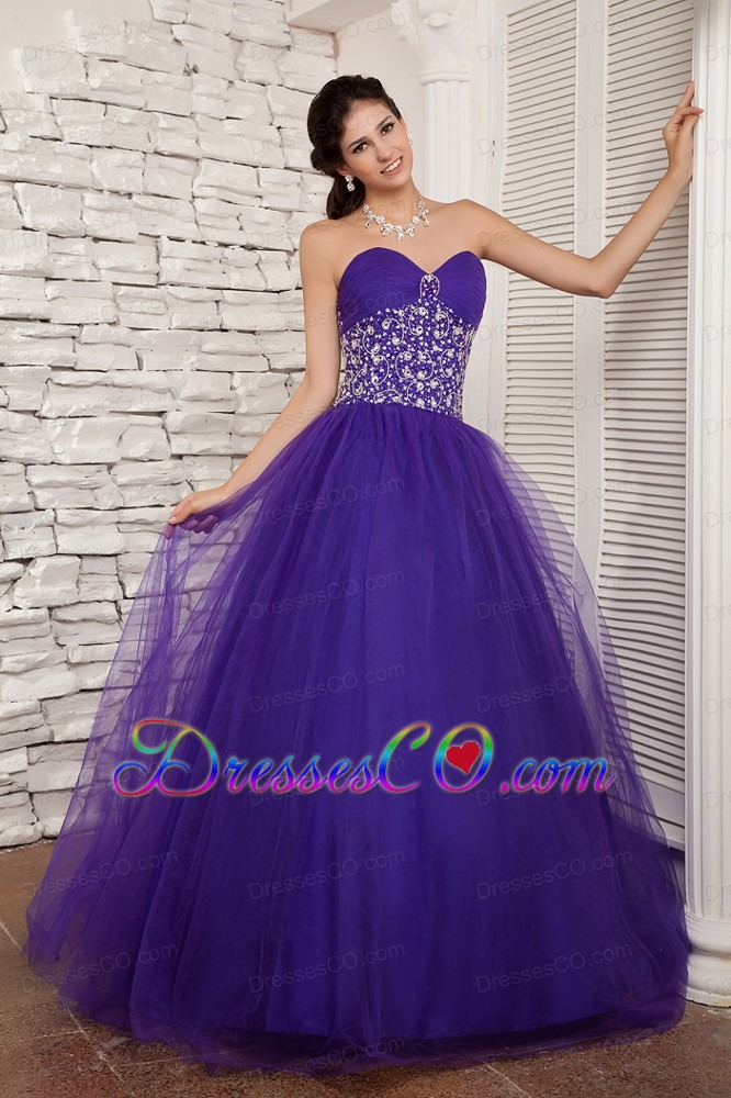 Purple A-line Long Tulle Beading Quinceanera Dress