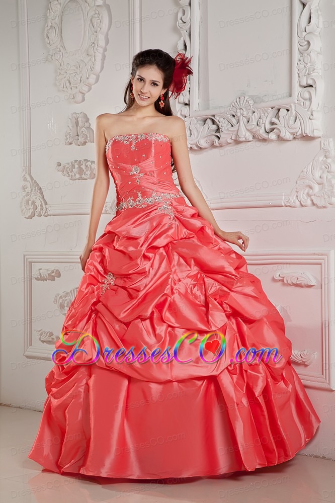 Watermelon Ball Gown Strapless Long Taffeta Beading Quinceanera Dress