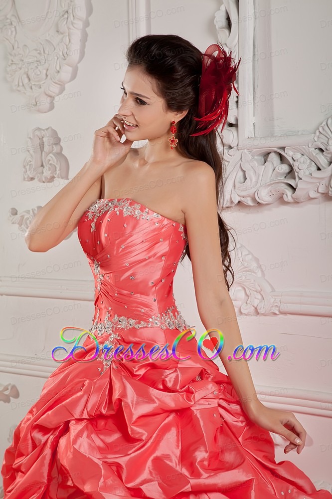 Watermelon Ball Gown Strapless Long Taffeta Beading Quinceanera Dress