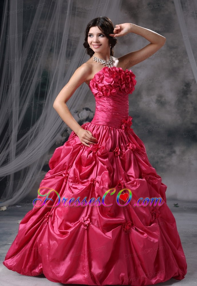 Hand Made Flowers And Pick-ups Decorate Bodice Ruch Ball Gown Long Coral Red Strapless Quinceanera Dress For 2013
