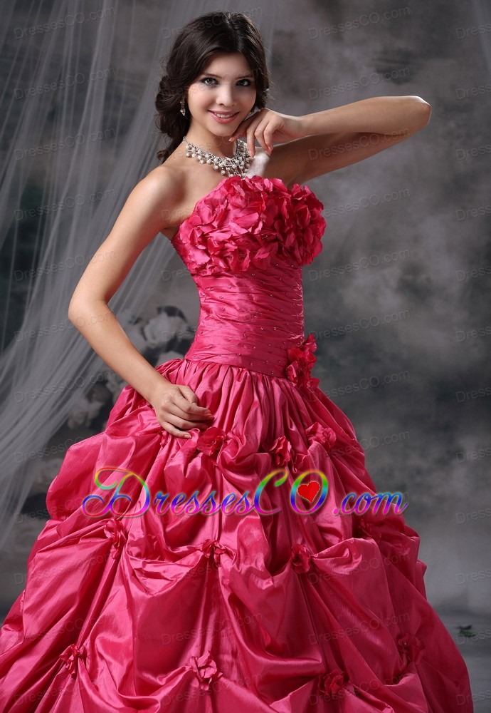 Hand Made Flowers And Pick-ups Decorate Bodice Ruch Ball Gown Long Coral Red Strapless Quinceanera Dress For 2013