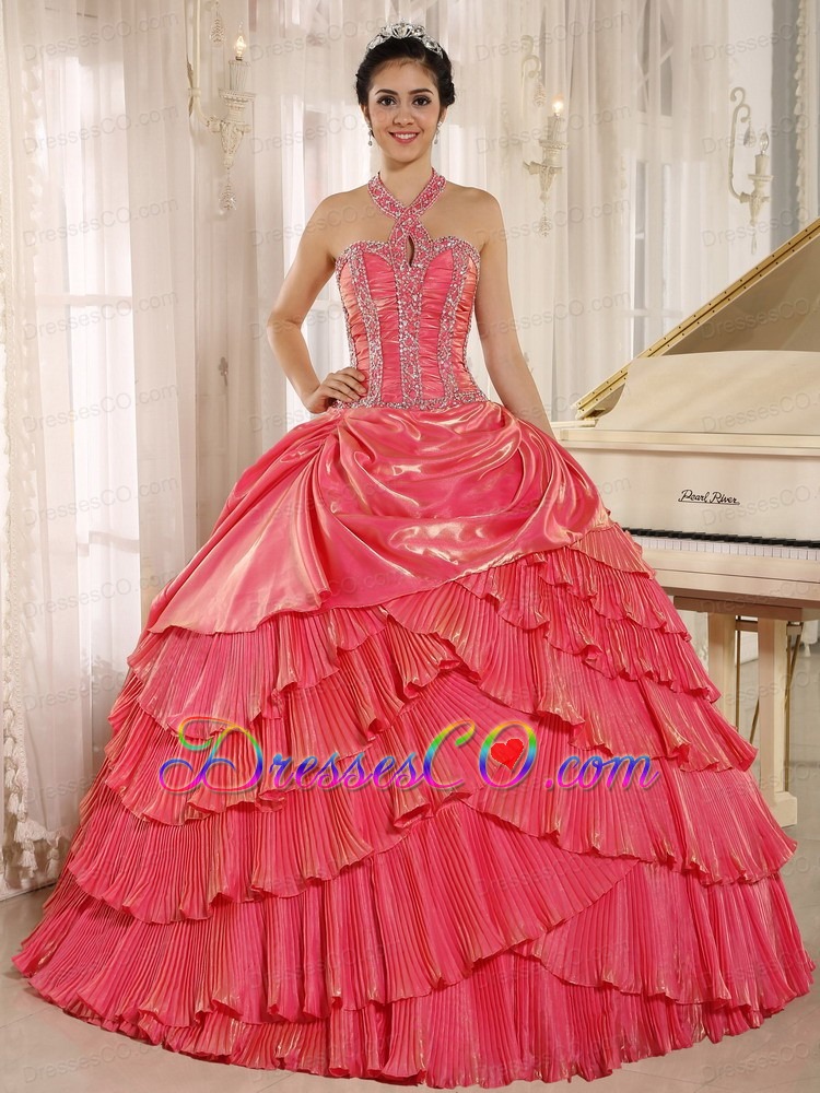 Halter Watermelon Pleat Quinceanera Dress With Beaded Bodice