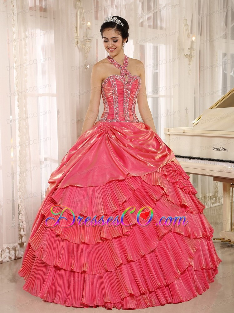Halter Watermelon Pleat Quinceanera Dress With Beaded Bodice