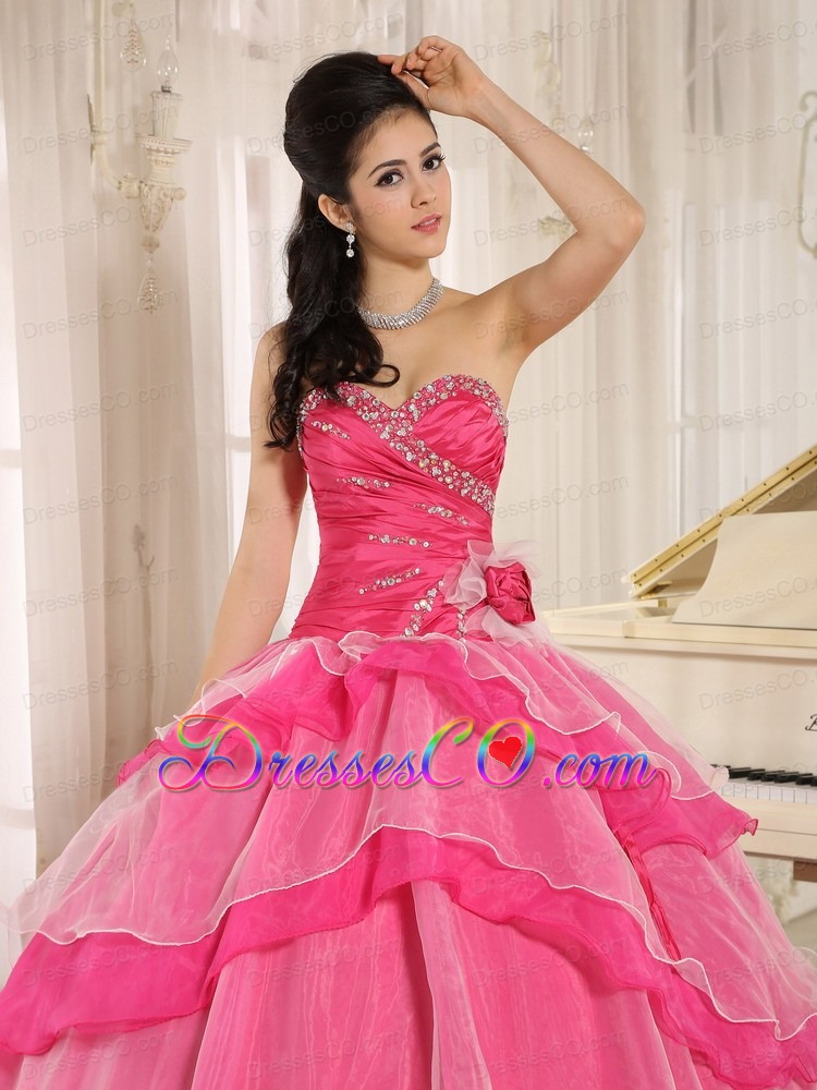 Hot Pink Beaded Decorate and Ruching  Bodice Ruffled Layers Quinceanera Dress In 2013