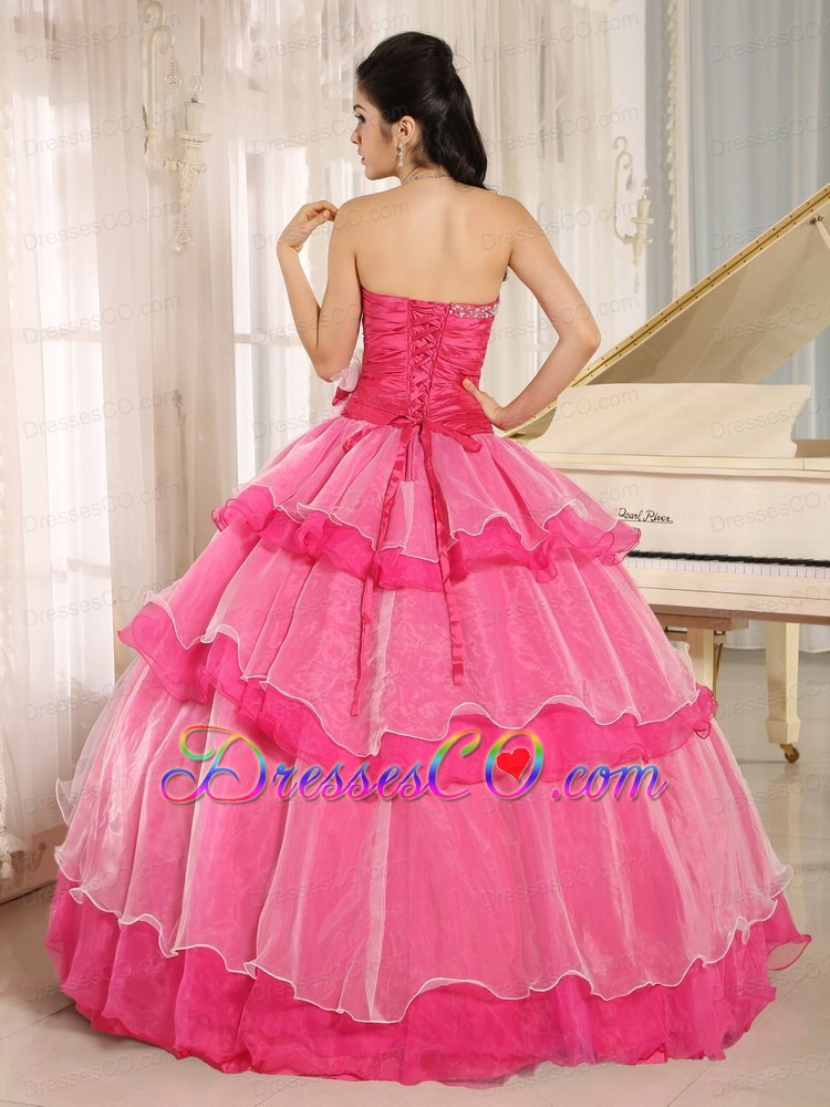 Hot Pink Beaded Decorate and Ruching  Bodice Ruffled Layers Quinceanera Dress In 2013