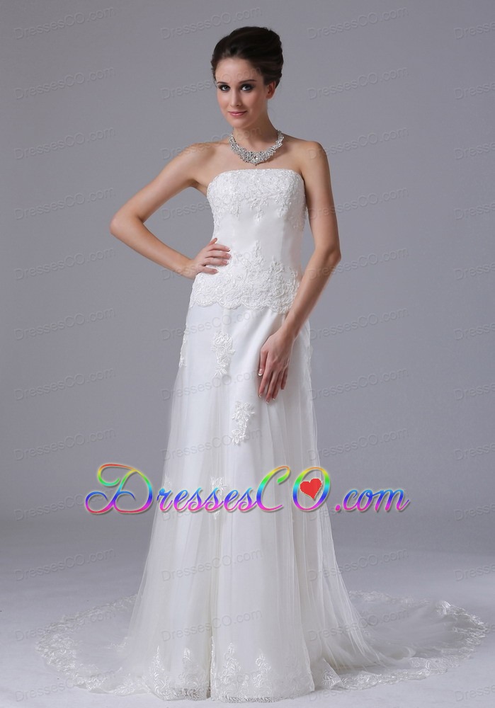 Strapless Lace Column Tulle Court Train Romantic Wedding Dress