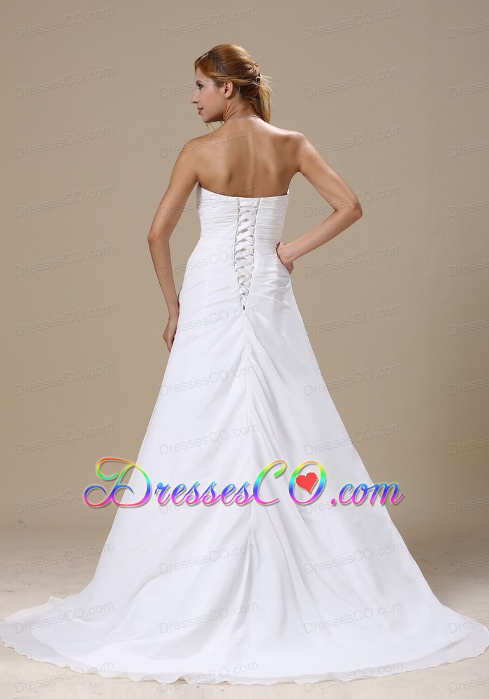 Wedding Dress With Ruched Bodice and Appliques Chiffon Custom Made