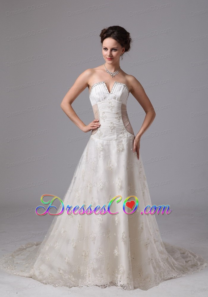 Unique V-neck Lace Court Train Wedding Dress With Appliques For Custom Made