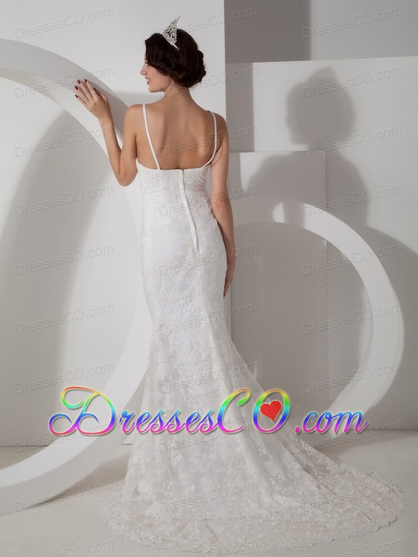 New Column V-neck Brush Train Satin Lace Wedding Dress