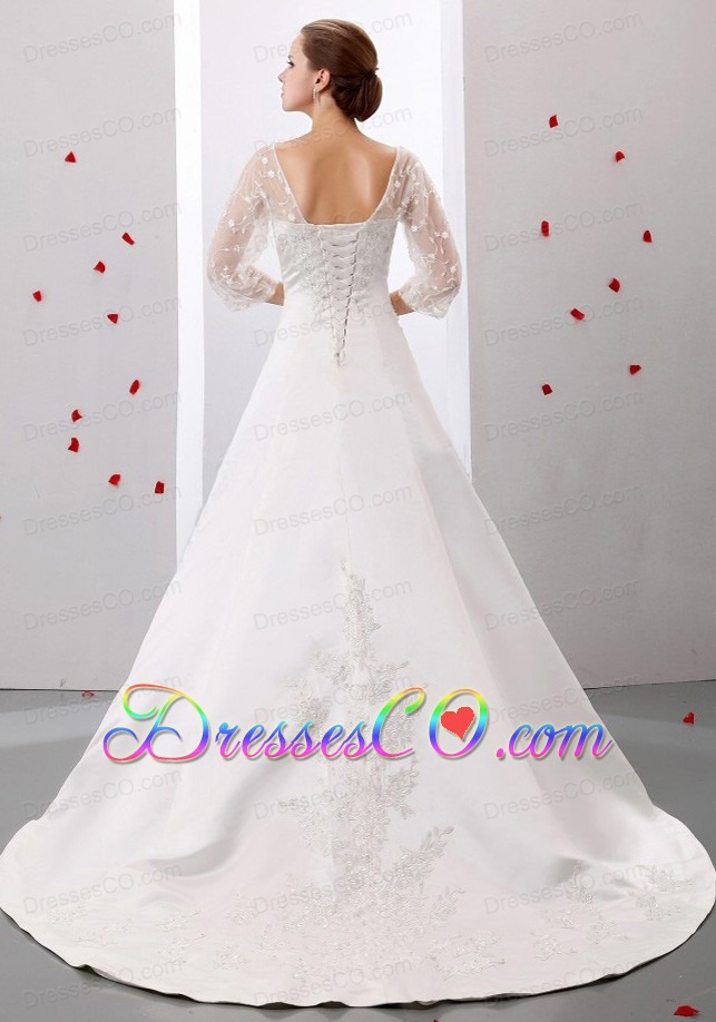 A-line Square So Beautiful Weding Dress With Appliques Satin For Church