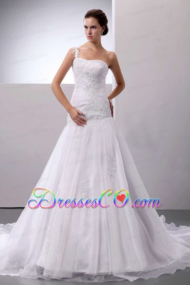 Brand New Wedding Dress With One Shoulder Appliques Court Train Organza