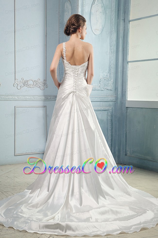 Wedding Dress With One Shoulder Appliques and Beading Ruching Court Train