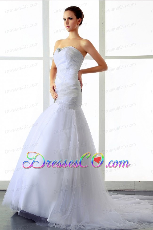 A-line Wedding Dress With Beading and Ruching Brush Train Tulle