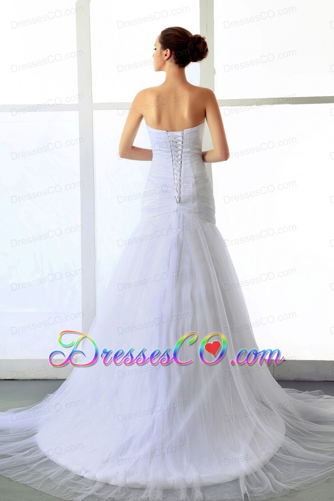 A-line Wedding Dress With Beading and Ruching Brush Train Tulle