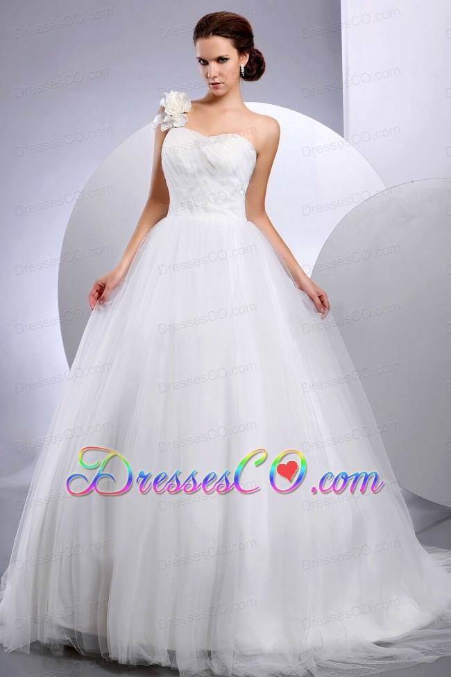 Custom Made A-line Wedding Dress With One Shoulder Hand Made Flower Court Train