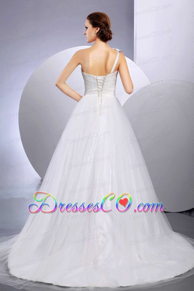 Custom Made A-line Wedding Dress With One Shoulder Hand Made Flower Court Train