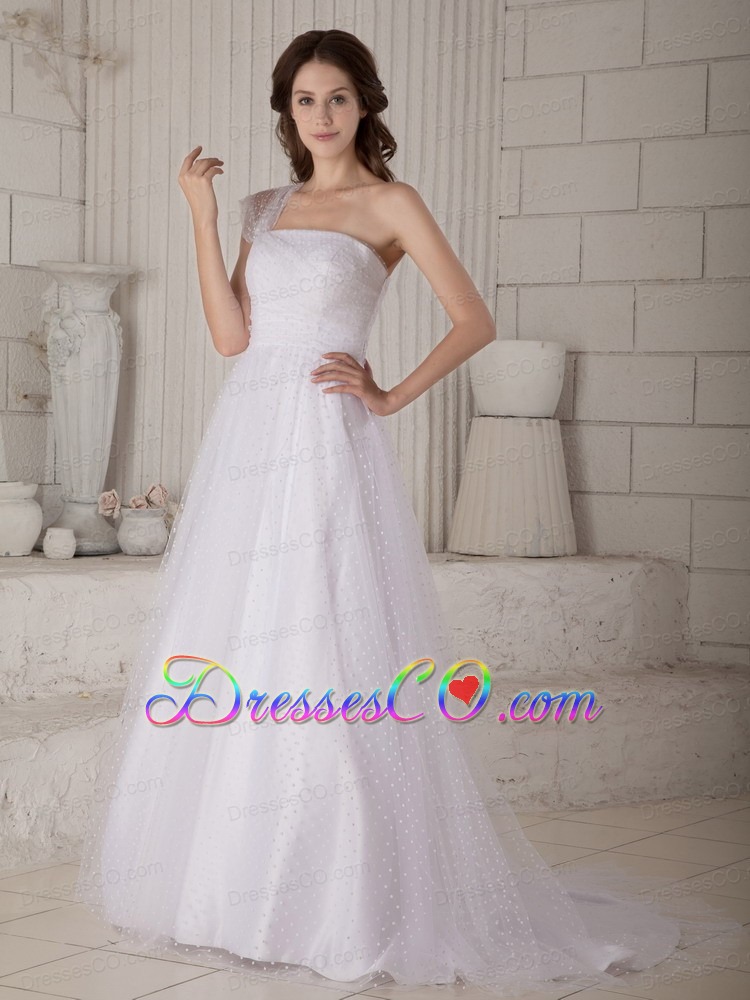 Discount A-line / Princess One Shoulder Court Train Special Fabric Wedding Dress