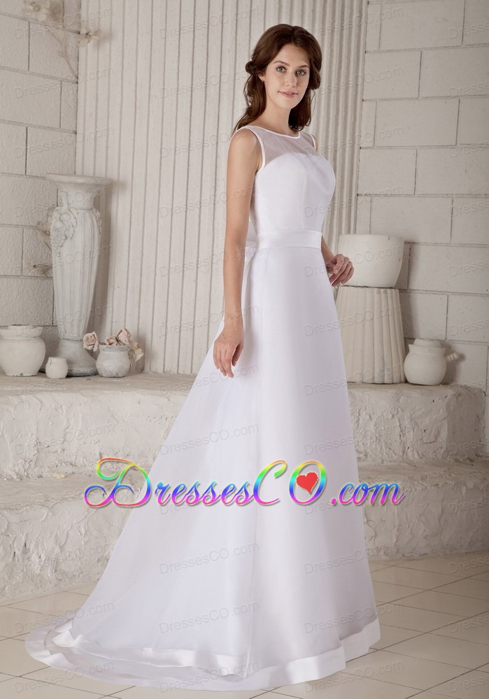 Affordable Column / Sheath Scoop Brush Train Bow Wedding Dress