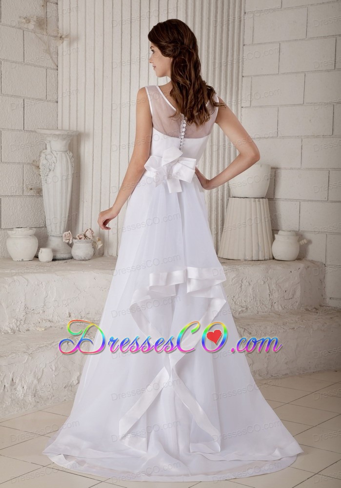 Affordable Column / Sheath Scoop Brush Train Bow Wedding Dress