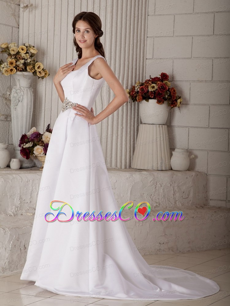 Luxurious A-line / Princess Scoop Court Train Satin Beading Wedding Dress