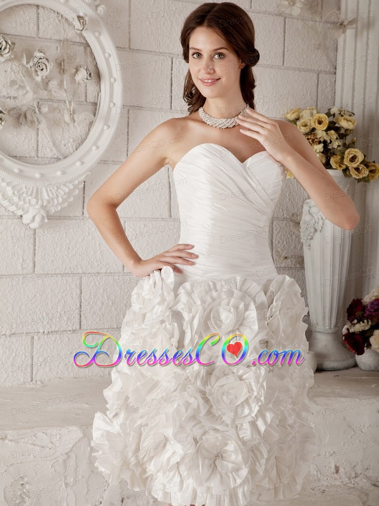New A-line / Princess Sweeteart Knee-length Fabric With Rolling Flower Ruching Wedding Dress