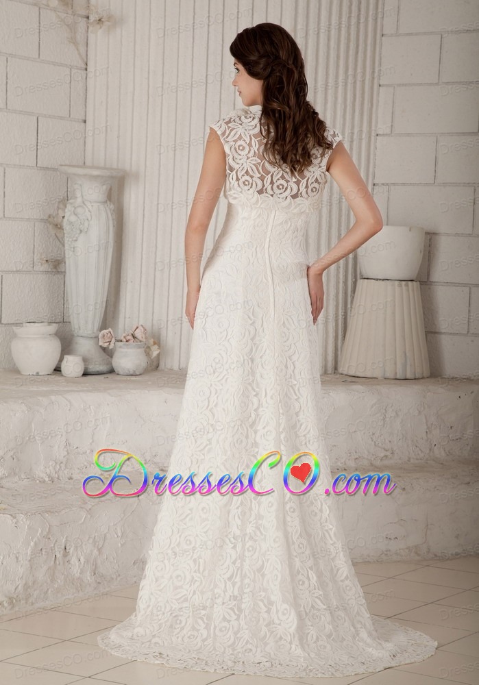Lovely Column Brush Train Lace Wedding Dress