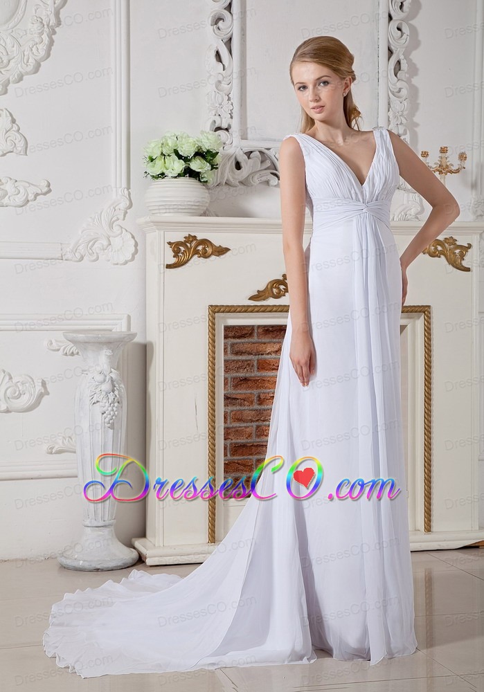 Exquisite Empire V-neck Brush Train Chiffon Ruching Wedding Dress